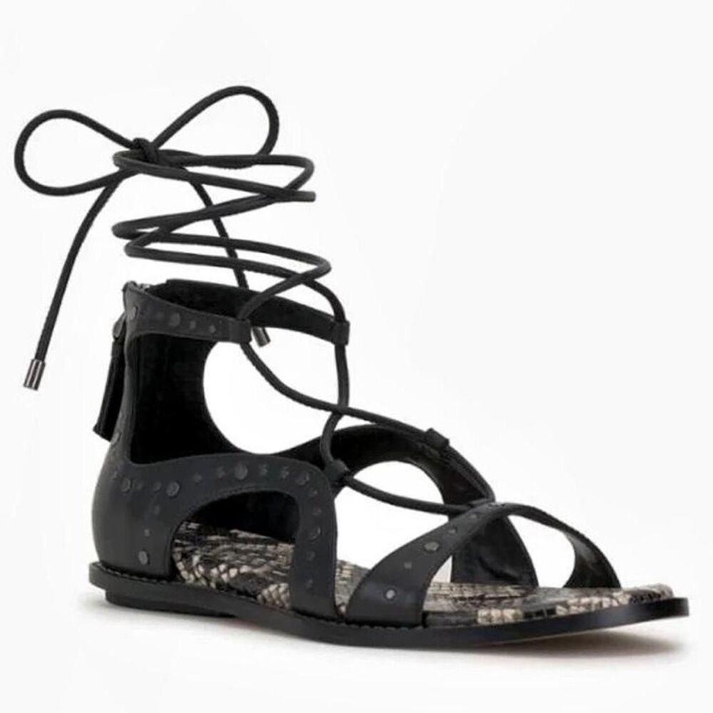 Vince Camuto Dawnicee Studded Lace-Up Flat Sandal Black, Sz 5.5 fits Sz 6